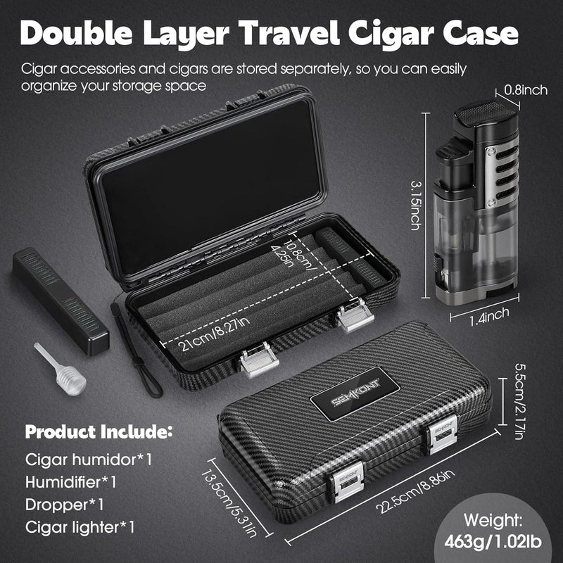 SEMKONT Cigar Humidor, Portable Travel Cigar Box, Double Cigar Humidor with Separate Storage for Cigar Accessories, Cigar Travel Case with Cigar Lighter(No Butane), Holds 5 Cigars (Carbon Fiber) - Image 2